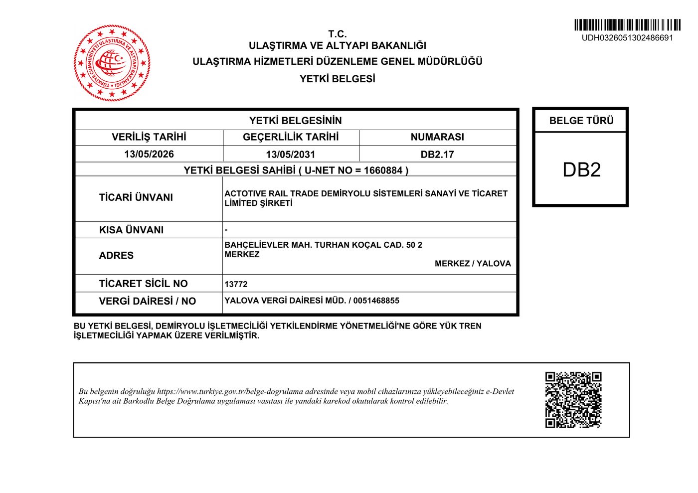 Actotive DB2 freight railway operations authorization certificate